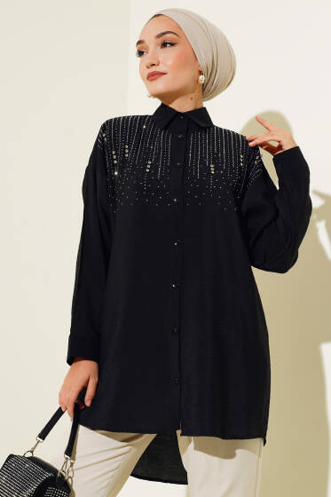 Taşlı Ağaç Kabuğu Gömlek Siyah - Gömlek