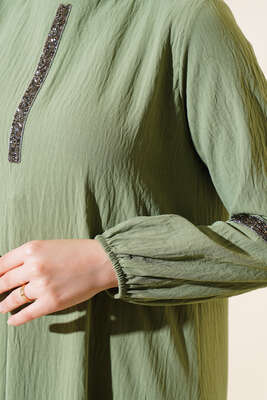Taşlı Ayrobin Elbise Çağla Yeşili - Thumbnail