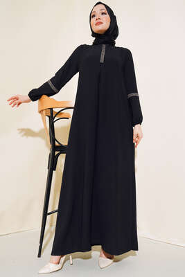 Taşlı Ayrobin Elbise Siyah - Thumbnail