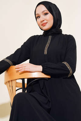 Taşlı Ayrobin Elbise Siyah - Thumbnail