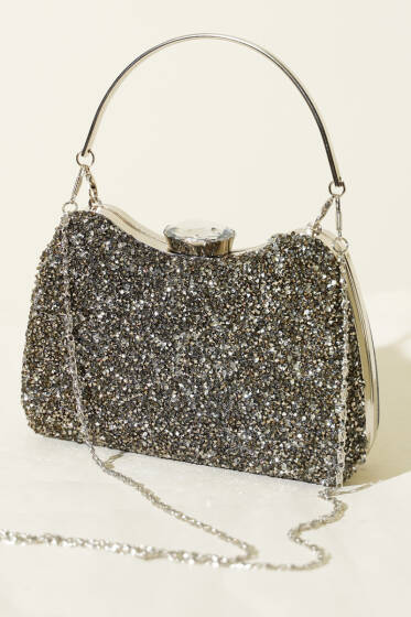 Taşlı Baget Abiye Çanta Füme - Kol Çantası