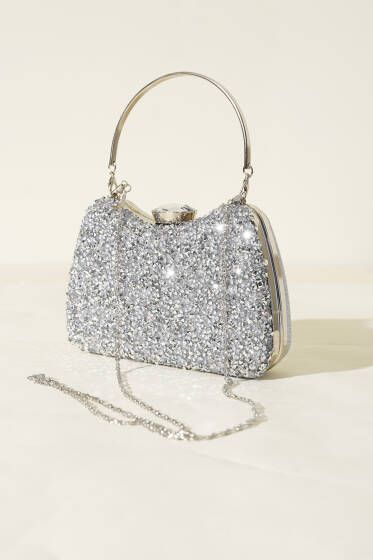 Taşlı Baget Abiye Çanta Gümüş - Kol Çantası
