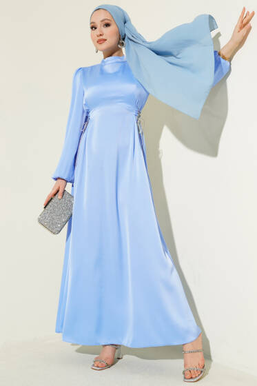 Taşlı Bağlamalı Saten Abiye Elbise Bebe Mavi - Elbise