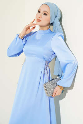 Taşlı Bağlamalı Saten Abiye Elbise Bebe Mavi - Elbise