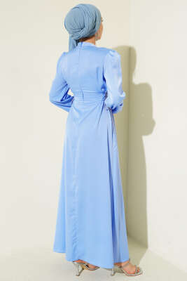Taşlı Bağlamalı Saten Abiye Elbise Bebe Mavi - Elbise