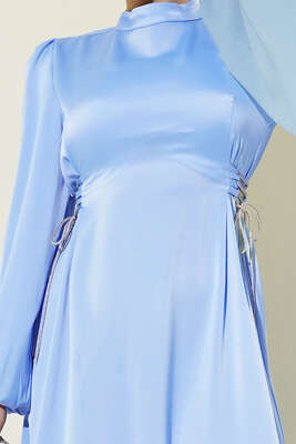 Taşlı Bağlamalı Saten Abiye Elbise Bebe Mavi - Elbise