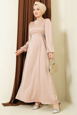 Taşlı Bağlamalı Saten Abiye Elbise Bej - BERAT TEKSTİL