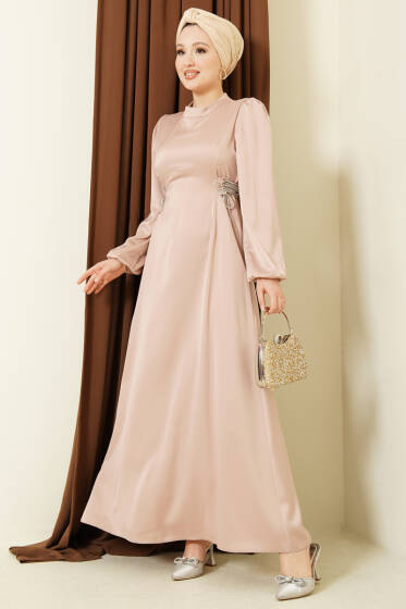 Taşlı Bağlamalı Saten Abiye Elbise Bej - Elbise