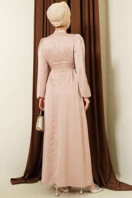 Taşlı Bağlamalı Saten Abiye Elbise Bej - Elbise