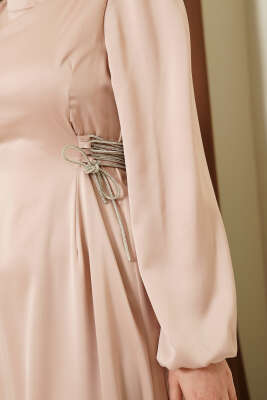 Taşlı Bağlamalı Saten Abiye Elbise Bej - Elbise