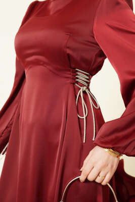 Taşlı Bağlamalı Saten Abiye Elbise Bordo - Elbise
