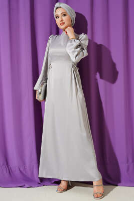 Taşlı Bağlamalı Saten Abiye Elbise Gri - BERAT TEKSTİL