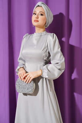 Taşlı Bağlamalı Saten Abiye Elbise Gri - Elbise