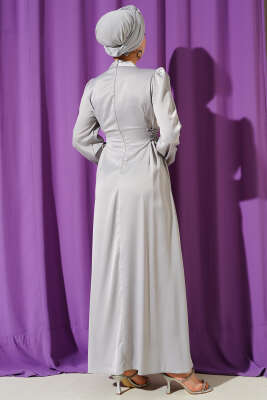 Taşlı Bağlamalı Saten Abiye Elbise Gri - Elbise