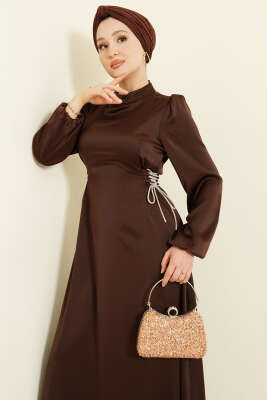 Taşlı Bağlamalı Saten Abiye Elbise Kahve - BERAT TEKSTİL