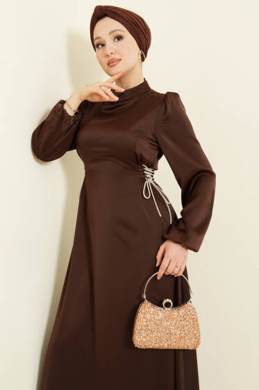 Taşlı Bağlamalı Saten Abiye Elbise Kahve - Elbise