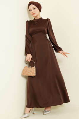 Taşlı Bağlamalı Saten Abiye Elbise Kahve - Elbise