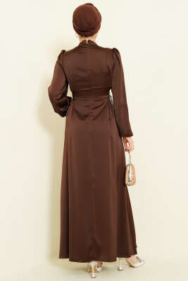 Taşlı Bağlamalı Saten Abiye Elbise Kahve - Elbise