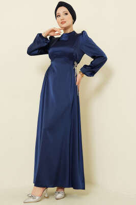 Taşlı Bağlamalı Saten Abiye Elbise Lacivert - BERAT TEKSTİL