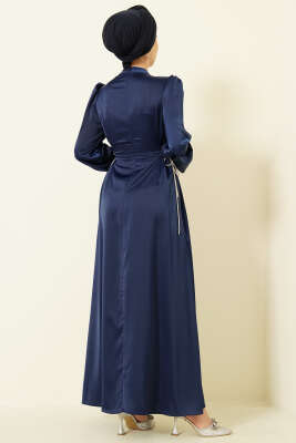 Taşlı Bağlamalı Saten Abiye Elbise Lacivert - Elbise