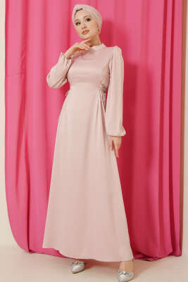 Taşlı Bağlamalı Saten Abiye Elbise Pembe - BERAT TEKSTİL