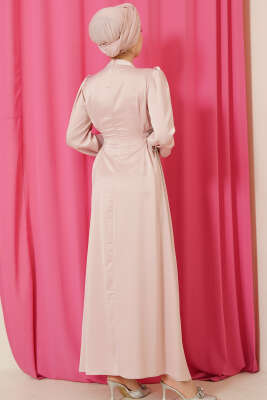 Taşlı Bağlamalı Saten Abiye Elbise Pembe - Elbise