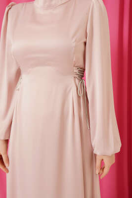 Taşlı Bağlamalı Saten Abiye Elbise Pembe - Elbise