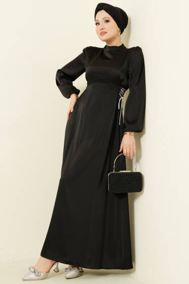 Taşlı Bağlamalı Saten Abiye Elbise Siyah - Elbise