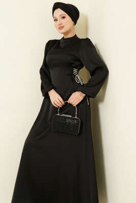 Taşlı Bağlamalı Saten Abiye Elbise Siyah - Elbise