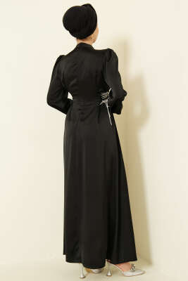 Taşlı Bağlamalı Saten Abiye Elbise Siyah - Elbise