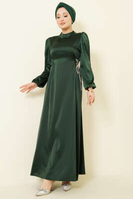 Taşlı Bağlamalı Saten Abiye Elbise Zümrüt - BERAT TEKSTİL