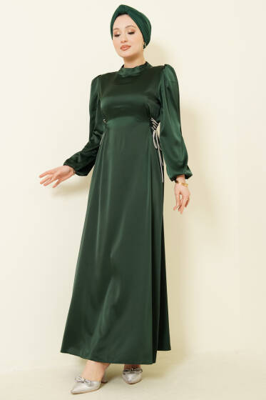 Taşlı Bağlamalı Saten Abiye Elbise Zümrüt - Elbise