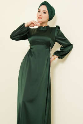 Taşlı Bağlamalı Saten Abiye Elbise Zümrüt - Elbise