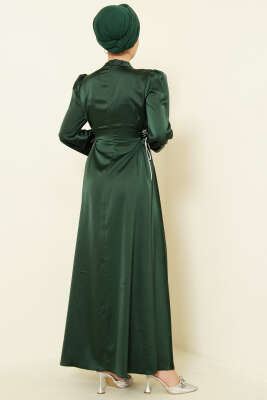 Taşlı Bağlamalı Saten Abiye Elbise Zümrüt - Elbise