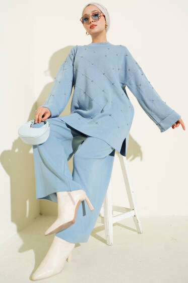 Taşlı Baklava Desen Triko İkili Takım Bebe Mavi - İkili Takım