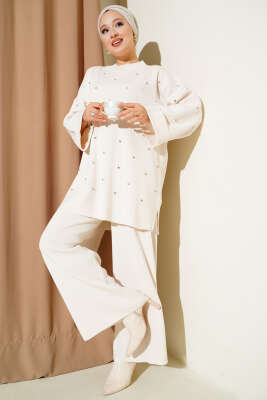 Taşlı Baklava Desen Triko İkili Takım Bej 