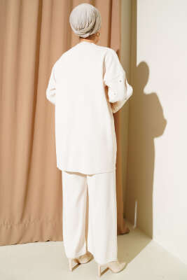 Taşlı Baklava Desen Triko İkili Takım Bej - Triko İkili Takım