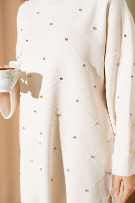 Taşlı Baklava Desen Triko İkili Takım Bej - Triko İkili Takım