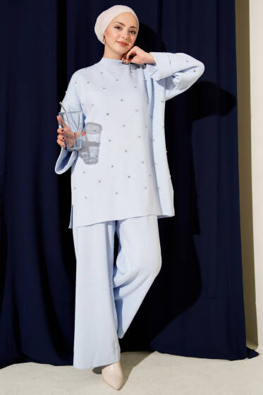 Taşlı Baklava Desen Triko İkili Takım Buz Mavisi - İkili Takım