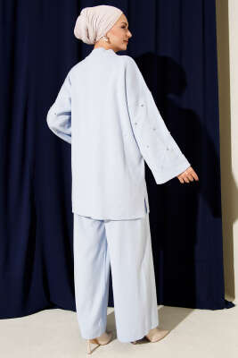 Taşlı Baklava Desen Triko İkili Takım Buz Mavisi - İkili Takım