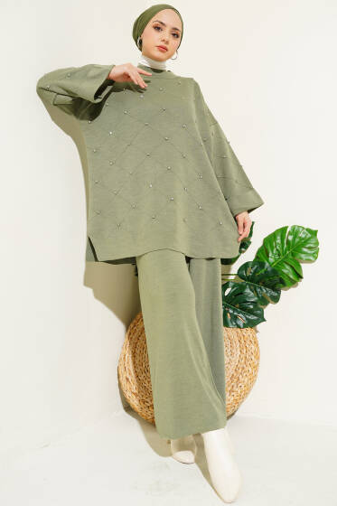 Taşlı Baklava Desen Triko İkili Takım Çağla Yeşili - İkili Takım