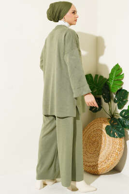 Taşlı Baklava Desen Triko İkili Takım Çağla Yeşili - Triko İkili Takım