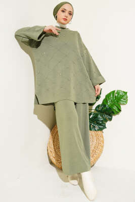 Taşlı Baklava Desen Triko İkili Takım Çağla Yeşili 