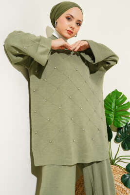 Taşlı Baklava Desen Triko İkili Takım Çağla Yeşili - Triko İkili Takım