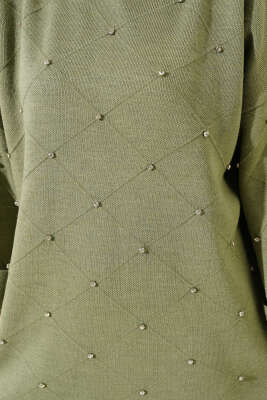 Taşlı Baklava Desen Triko İkili Takım Çağla Yeşili - Triko İkili Takım