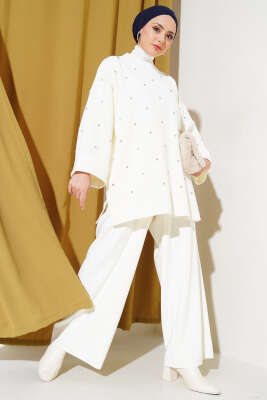 Taşlı Baklava Desen Triko İkili Takım Ekru