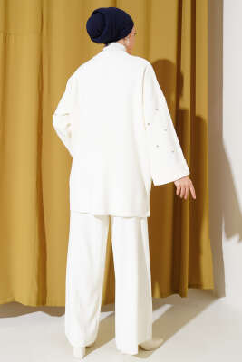 Taşlı Baklava Desen Triko İkili Takım Ekru - Triko İkili Takım