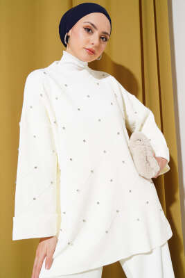 Taşlı Baklava Desen Triko İkili Takım Ekru - Triko İkili Takım