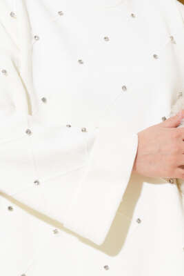 Taşlı Baklava Desen Triko İkili Takım Ekru - Triko İkili Takım