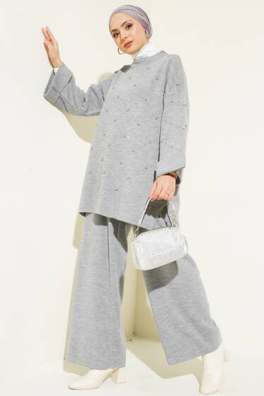 Taşlı Baklava Desen Triko İkili Takım Gri - İkili Takım